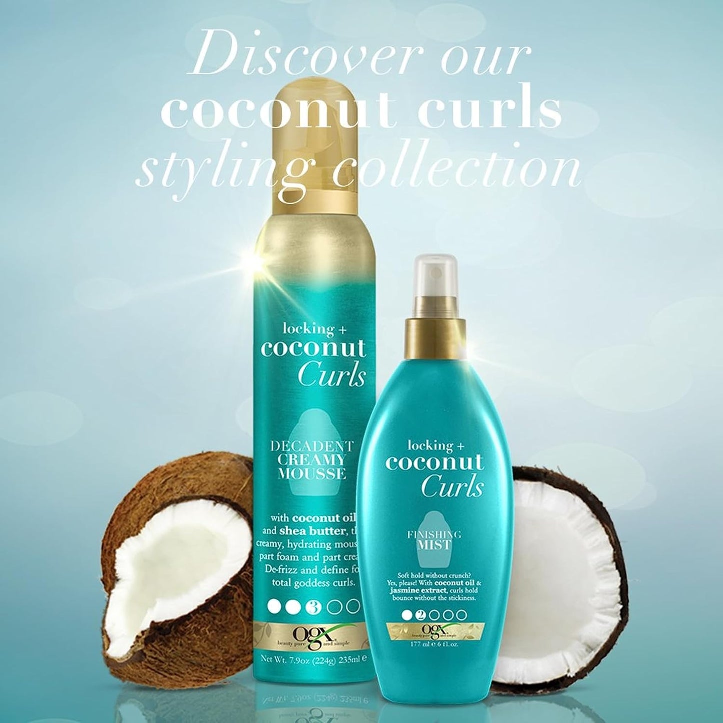 OGX Locking + Coconut Curls Creamy Mousse – Self-Care Curl Defining Ritual for Thick Curly Hair, 7.9 Ounce