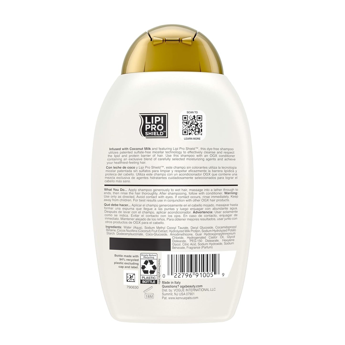 OGX Nourishing + Coconut Milk Moisturizing Shampoo, Clean Ingredient Shampoo Free of Sulfates, Parabens & Dyes, Family-Safe Haircare, 13 fl. oz