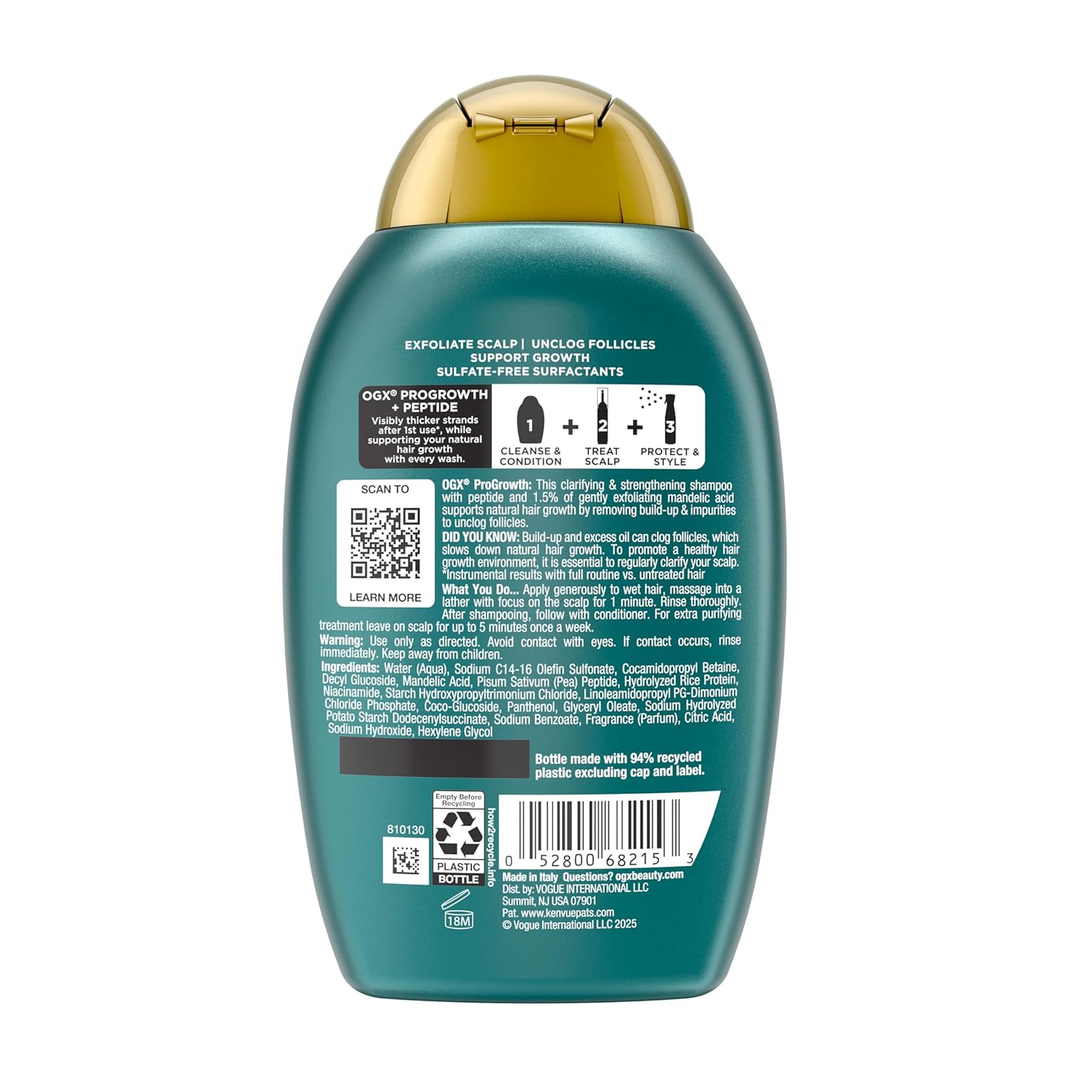 OGX ProGrowth + Peptide Clarifying Shampoo – Non-Stripping Cleanser for Gentle Daily Hair Care