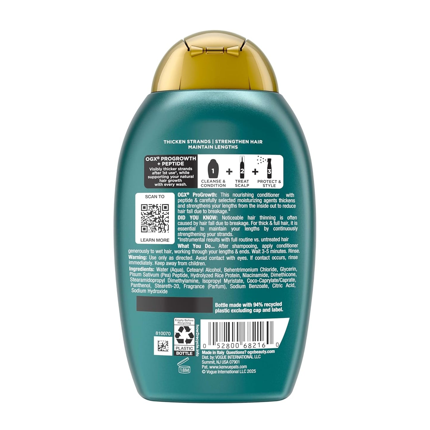 OGX ProGrowth + Peptide Conditioner – Daily Self-Care Ritual for Thinning Hair, Strengthens Strands in the Shower
