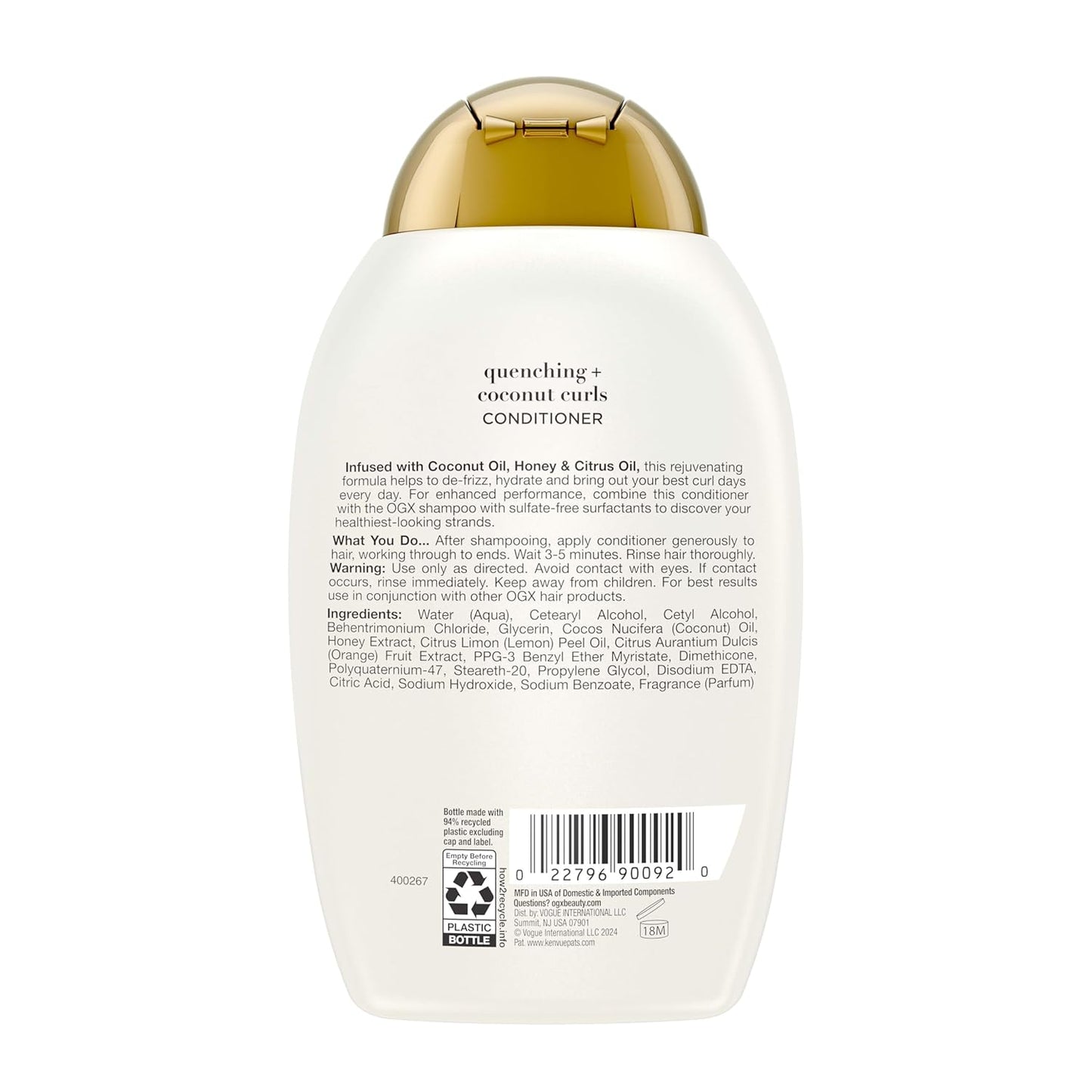 OGX Quenching + Coconut Curls Conditioner – Calming Curly Hair Care Ritual for Medium to Coarse Curls, Coconut Oil & Honey Blend