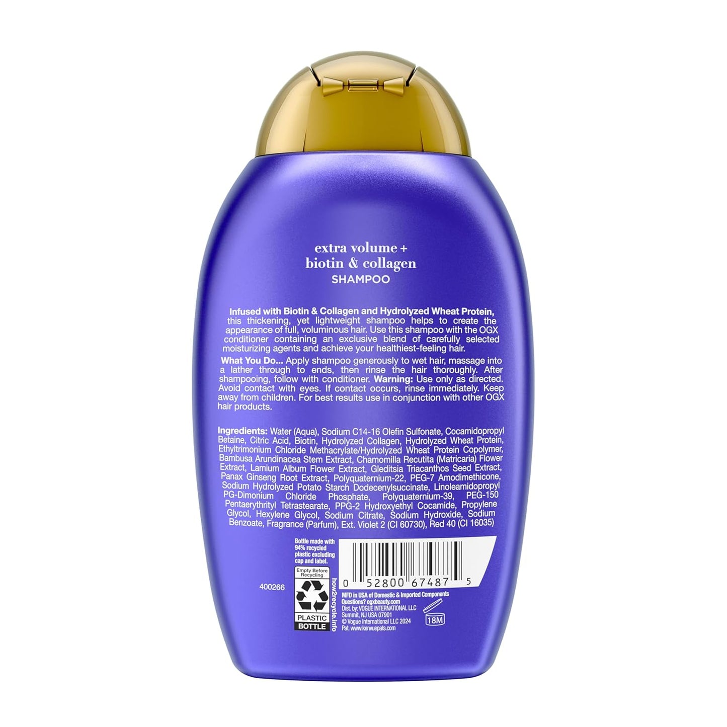 OGX Thick & Full + Biotin Collagen Volumizing Shampoo for Fine Hair – Spa-Day Self-Care Ritual for Thinning Strands, Bergamot Jasmine Scent, 13 Fl Oz