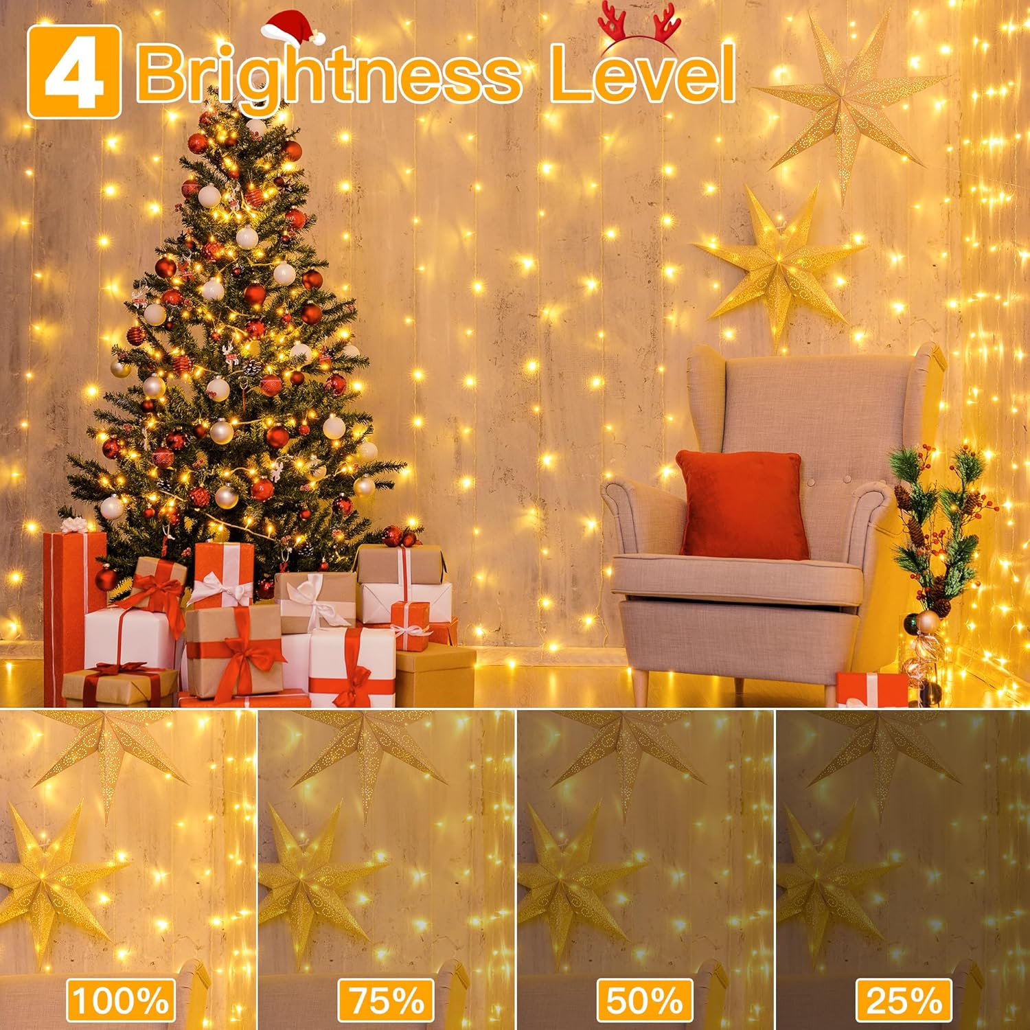 Ollny Curtain Lights 6.6x6.6ft – Cozy Bedroom Wall Decor with 200 LED Warm White Cascading String Lights and Remote