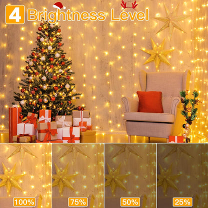 Ollny Curtain Lights 6.6x6.6ft – Cozy Bedroom Wall Decor with 200 LED Warm White Cascading String Lights and Remote