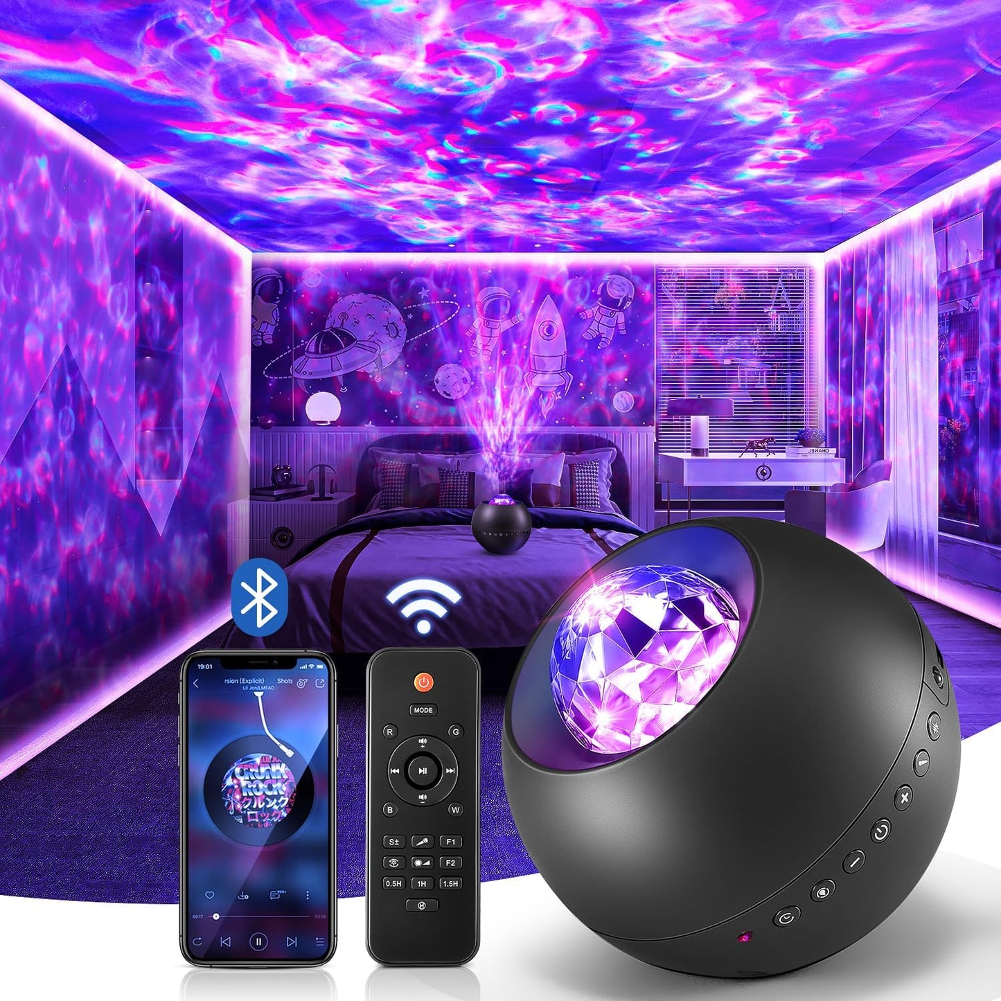 One Fire Galaxy Projector for Kids Bedroom – Child Safe Night Light with 15 White Noise Lullabies Auto Off Timer for Toddler Sleep Aid