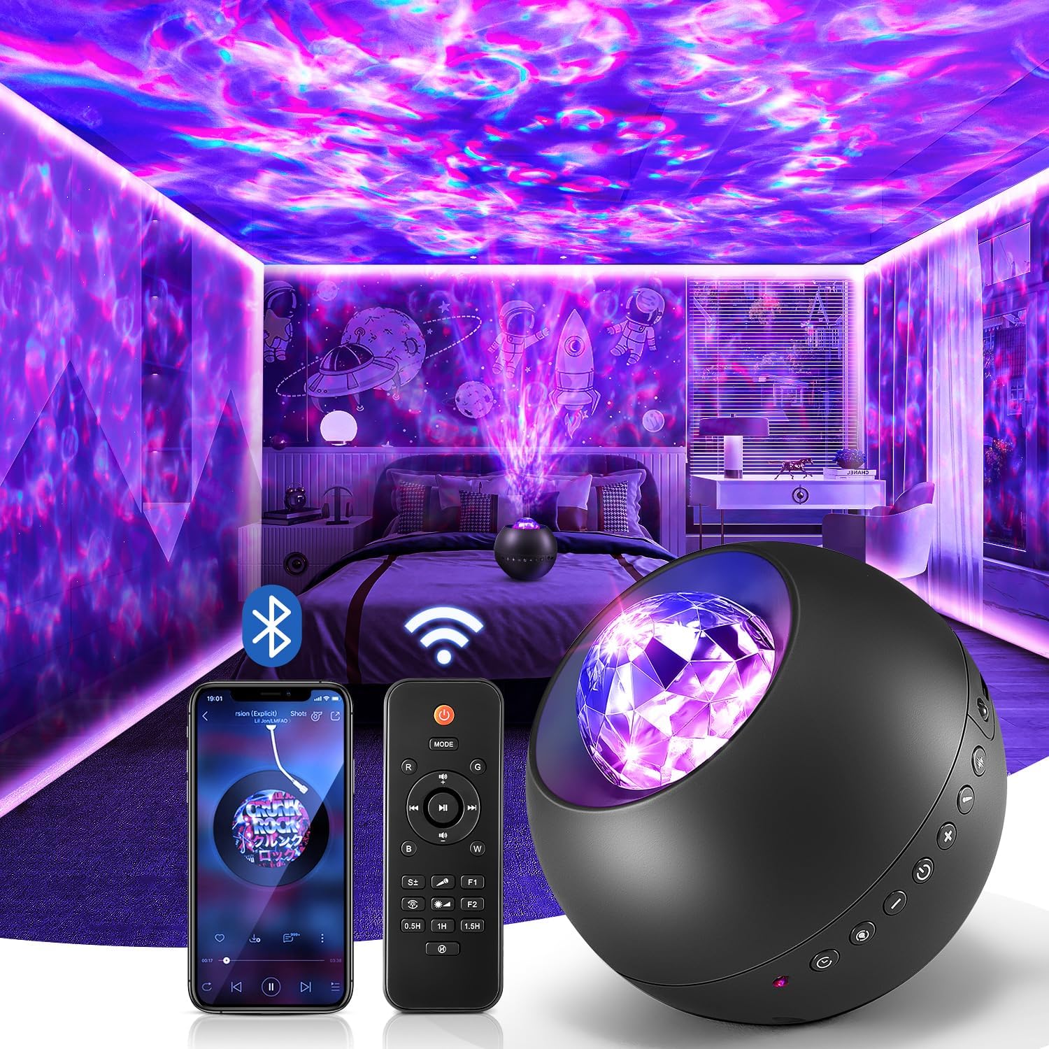 One Fire Galaxy Projector for Kids Bedroom – Child Safe Night Light with 15 White Noise Lullabies Auto Off Timer for Toddler Sleep Aid