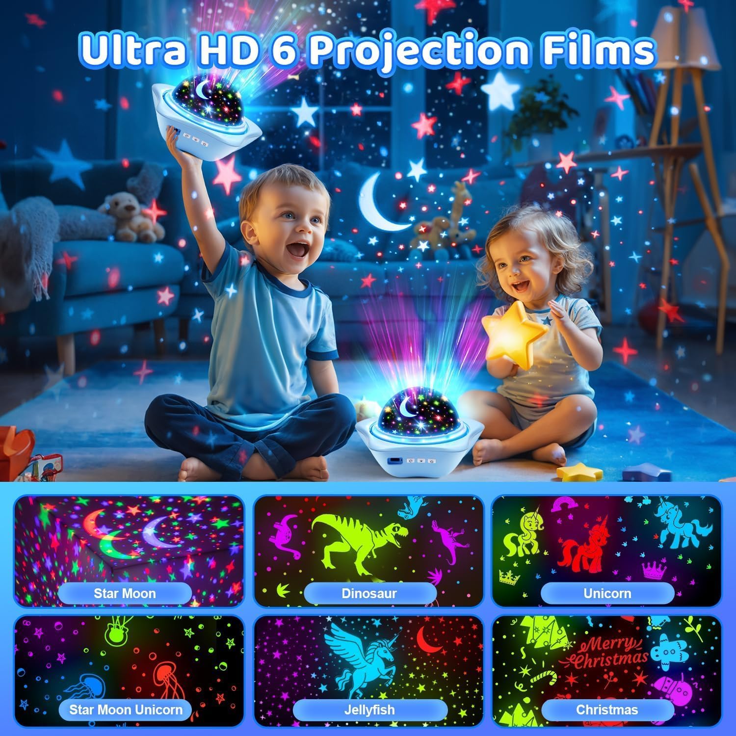 One Fire Kids Gift Night Light Projector – 6 Films and 78 Modes, Rechargeable Star Ceiling Light for Birthday and Christmas Gift Giving