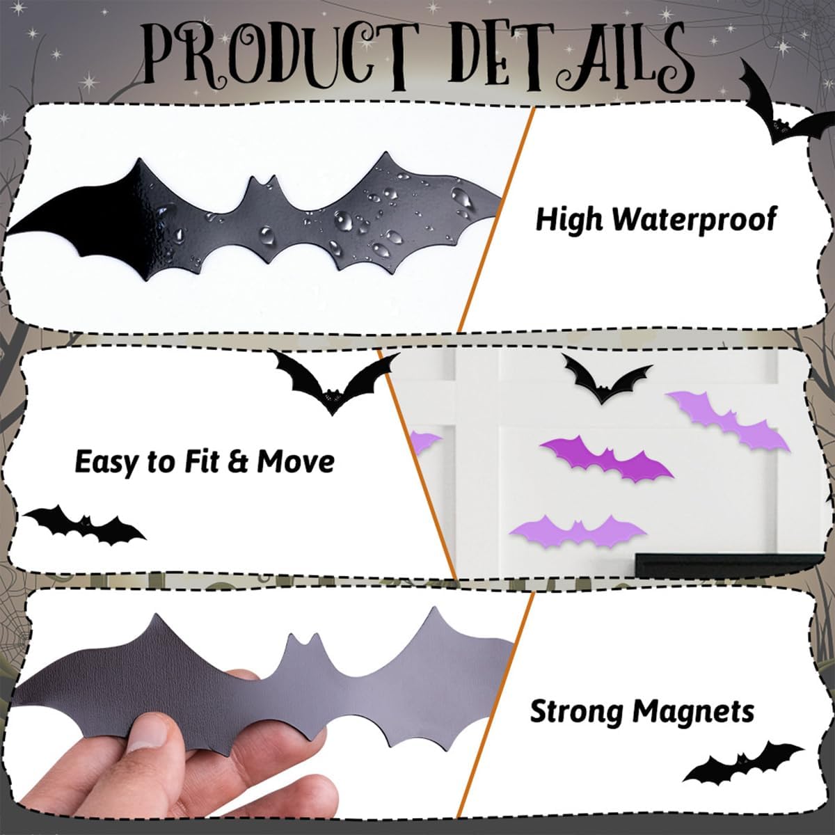 Outdoor Halloween Bat Decor – 72 Pcs 3D PVC Bat Stickers Weather Resistant for Patio, Front Yard, and Trick or Treat Station