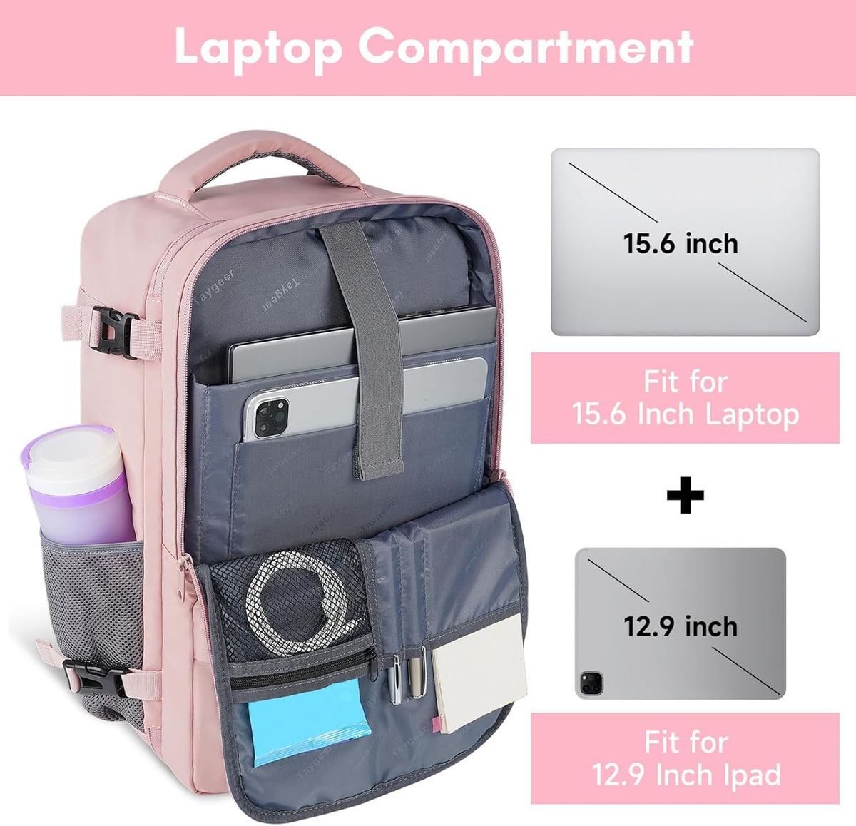 padded adjustable shoulder straps plus top and side grab handles with luggage pass-through strap