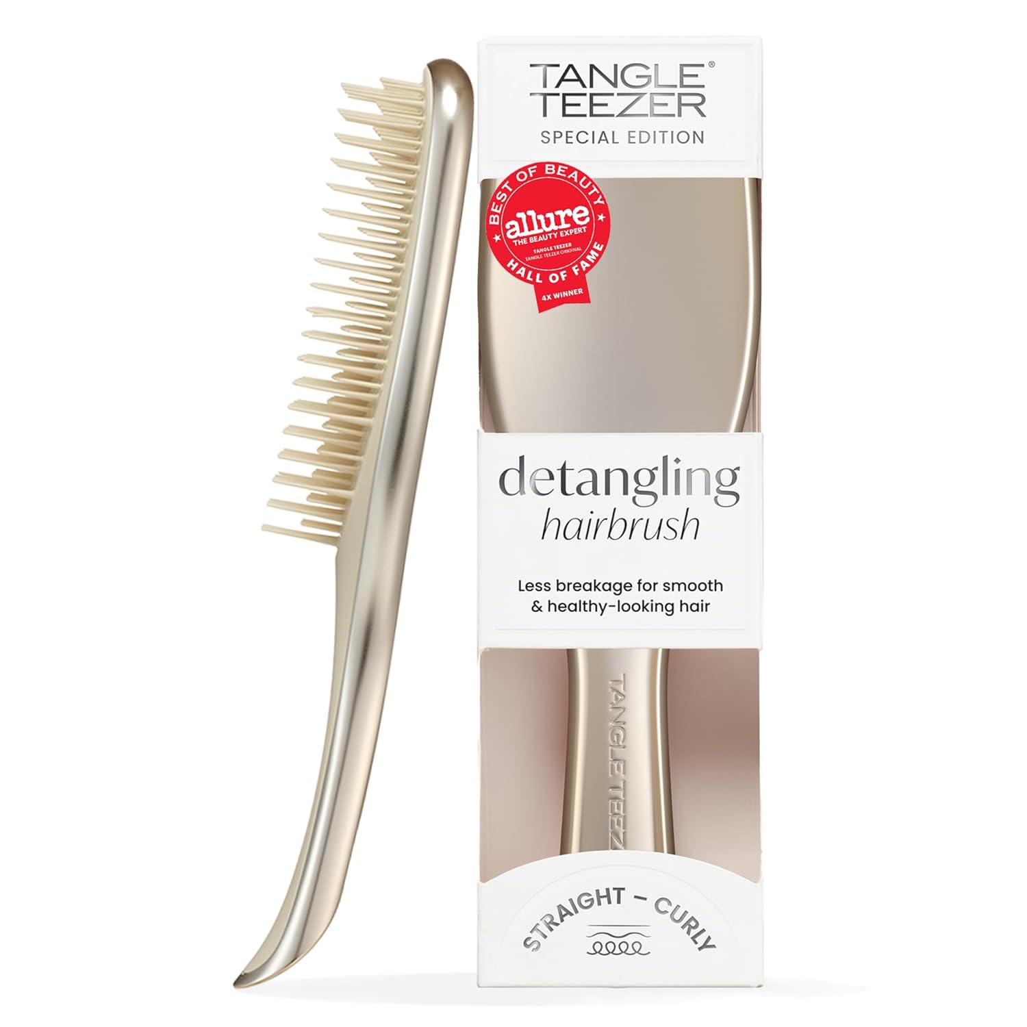 patented two-tiered teeth (long teeth detangle knots, short teeth smooth cuticle)