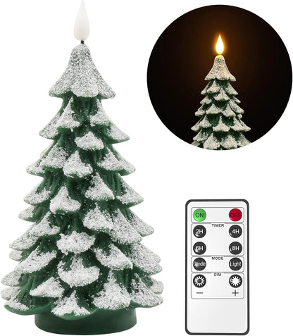 PChero Christmas Tree LED Pillar Candle – Snowy Tree Design for Living Room Mantel & Holiday Centerpiece, Battery Operated Flickering Accent