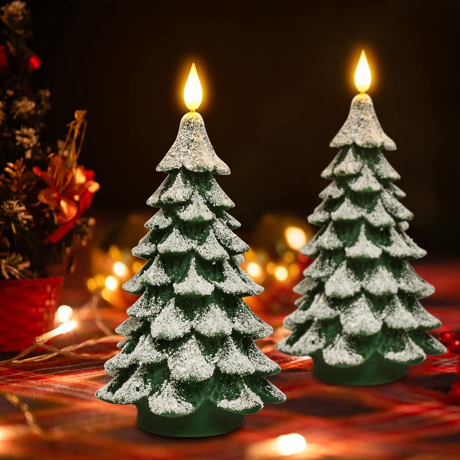 PChero Christmas Tree LED Pillar Candle – Snowy Tree Design for Living Room Mantel & Holiday Centerpiece, Battery Operated Flickering Accent