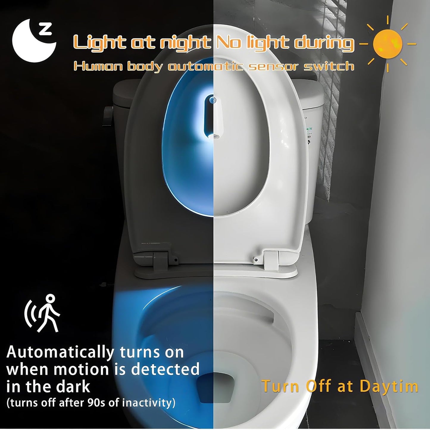 peel-and-stick adhesive base with clip-on light unit that fits all toilet bowl shapes