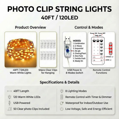 Photo Clip String Lights 40FT - Cozy Bedroom Decor with Warm White LED Fairy Lights, USB Powered Dorm Wall Aesthetic with 50 Clips