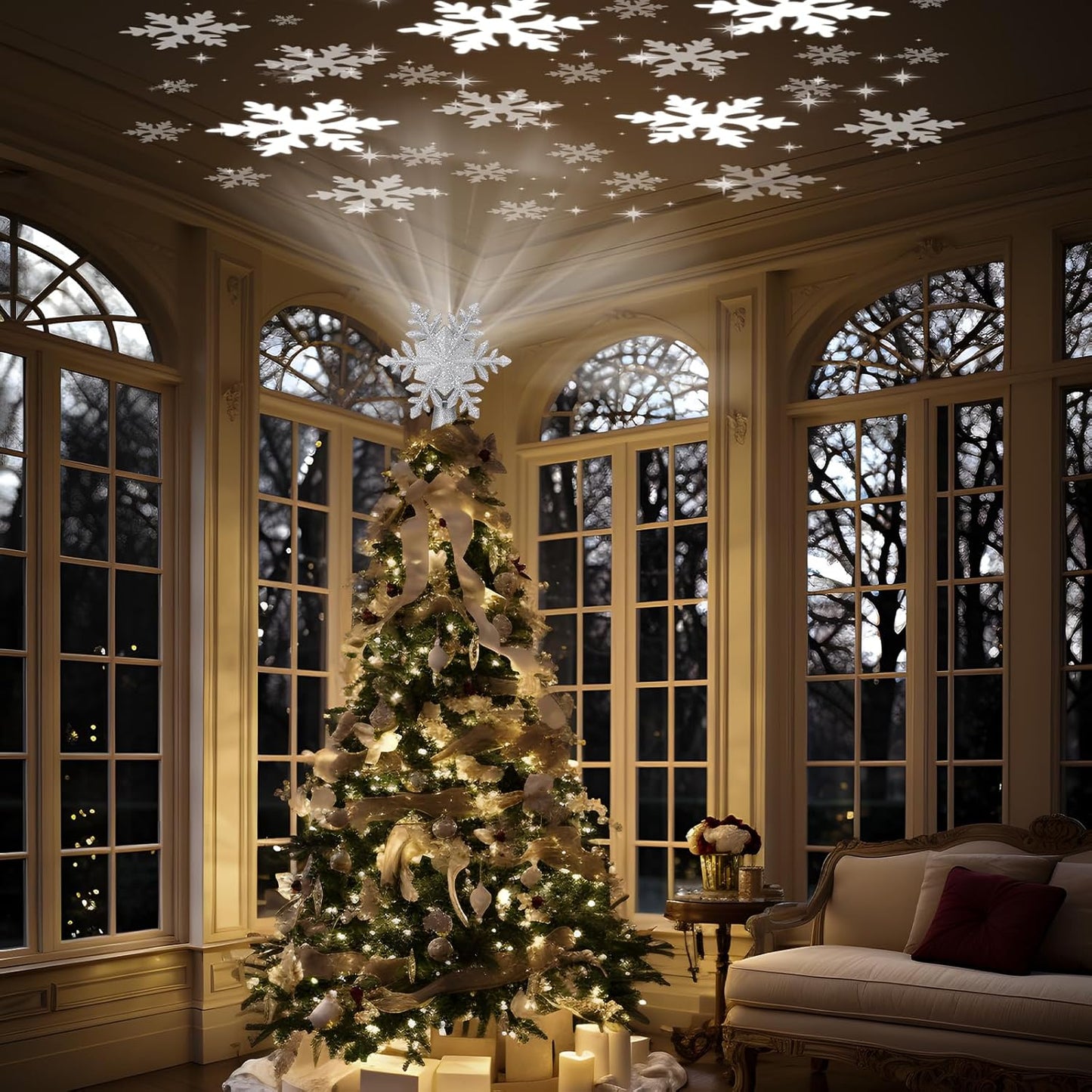 PliMook Glitter Snowflake Christmas Tree Topper Light, 3D Rotating LED Projection for Cozy Living Room Holiday Decor, Silver