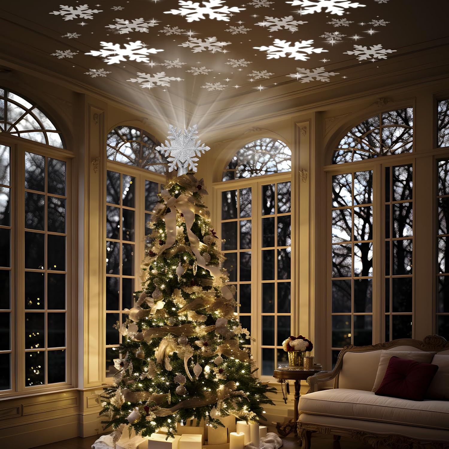 PliMook Glitter Snowflake Christmas Tree Topper Light, 3D Rotating LED Projection for Cozy Living Room Holiday Decor, Silver