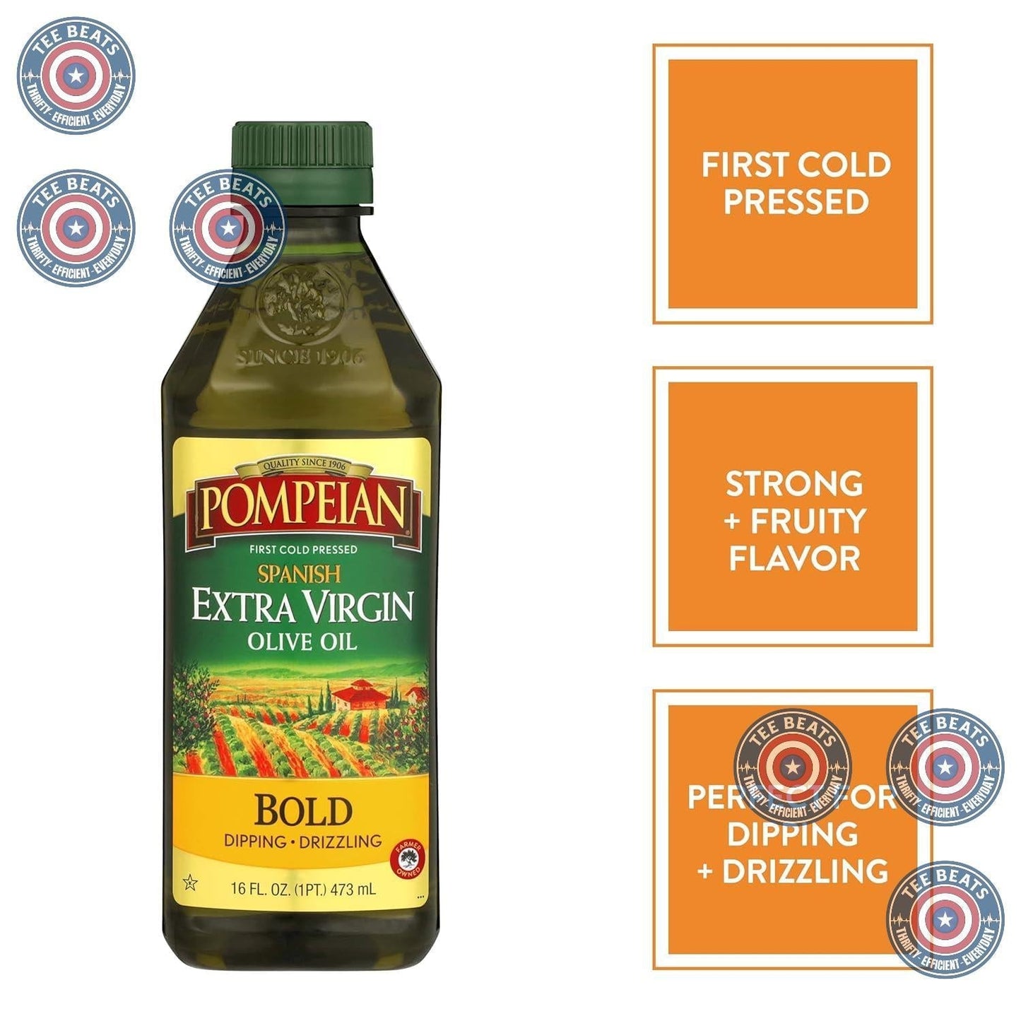 Pompeian Spanish Bold Extra Virgin Olive Oil – Mindful Wellness Elixir for Daily 1 oz Health Routine, First Cold Pressed