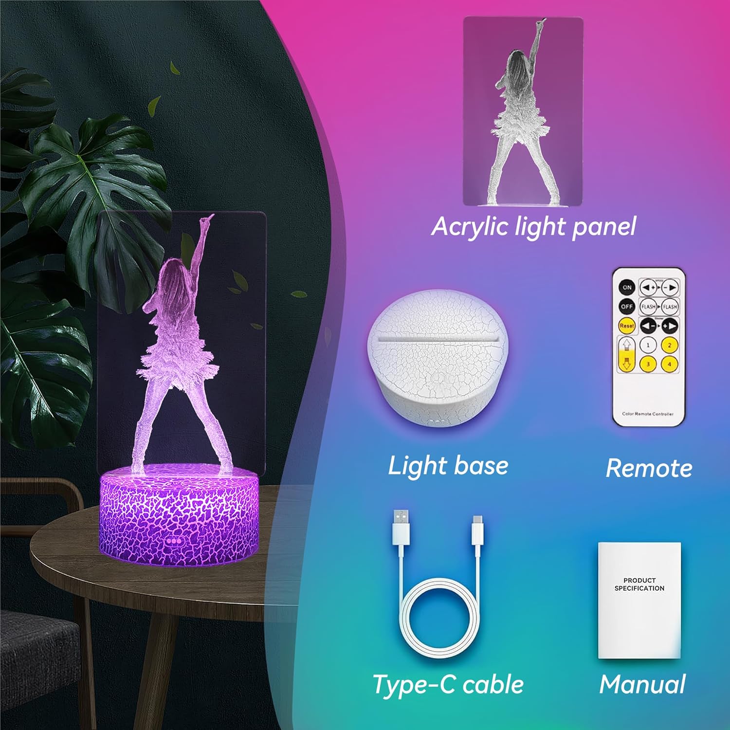 Pop Star Acrylic Night Light – Child Safe LED Lamp for Girls Bedroom, No Flame Cool Touch Base