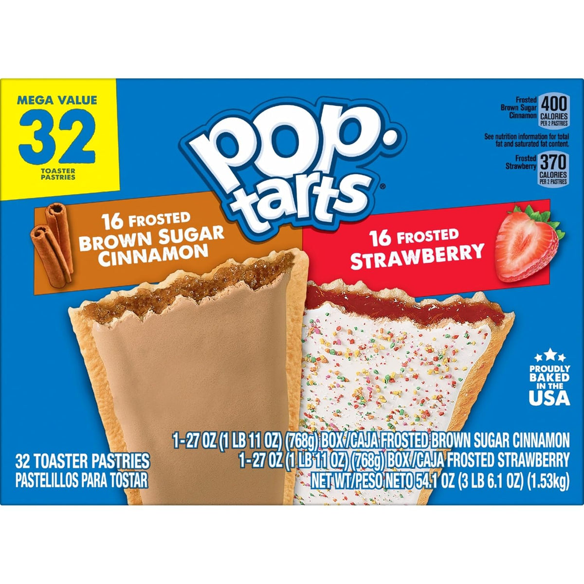 Pop-Tarts Frosted Strawberry and Brown Sugar Cinnamon Pastries, Kids Lunchbox Treats, 54.1oz Box