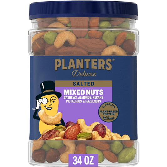 premium 5-nut blend of cashews, almonds, pecans, pistachios, and hazelnuts (with alternate blends including peanuts and brazil nuts across variants)
