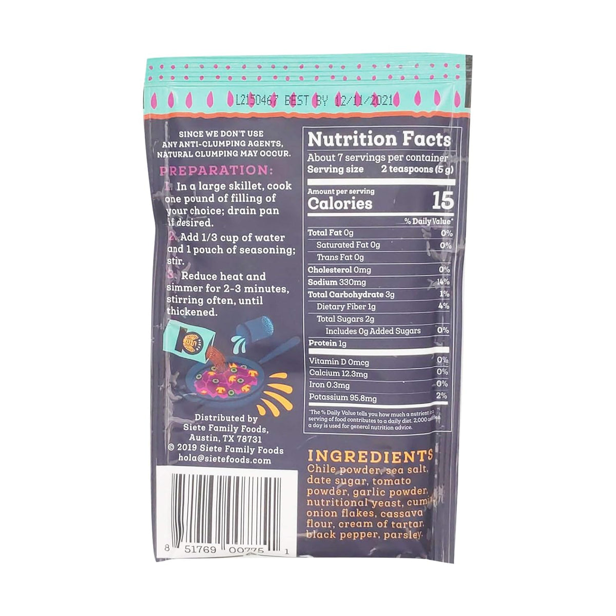 preservative-free ingredient list including chile powder, cumin, nutritional yeast, and cassava flour