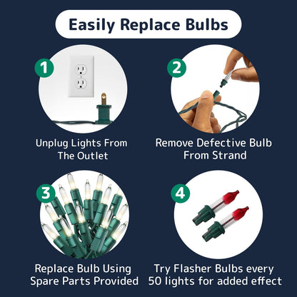 PREXTEX Clear Outdoor String Lights – Weather-Resistant Patio and Garden Decor with Green Wire for Fences, Trees, and Porch Railings