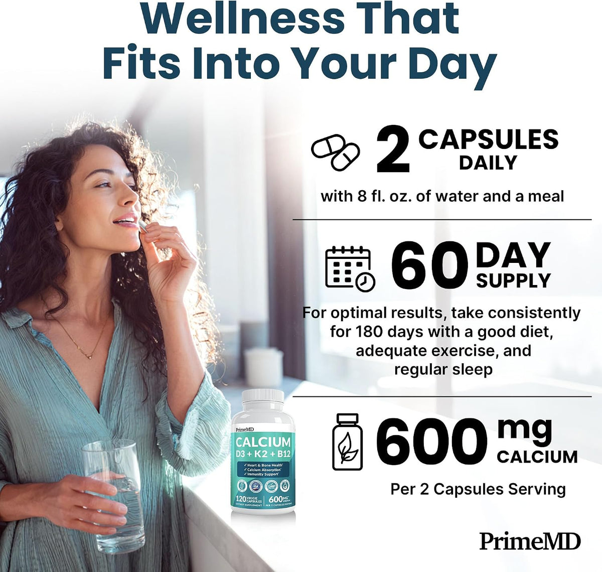 PrimeMD 4-in-1 Calcium D3 K2 B12 – Focus-Supporting Office Desk Supplement, Vegan 120ct