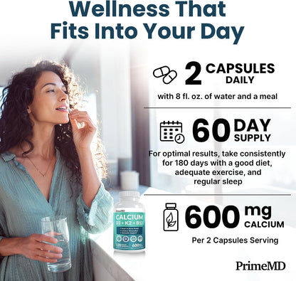 PrimeMD 4-in-1 Calcium D3 K2 B12 – Focus-Supporting Office Desk Supplement, Vegan 120ct