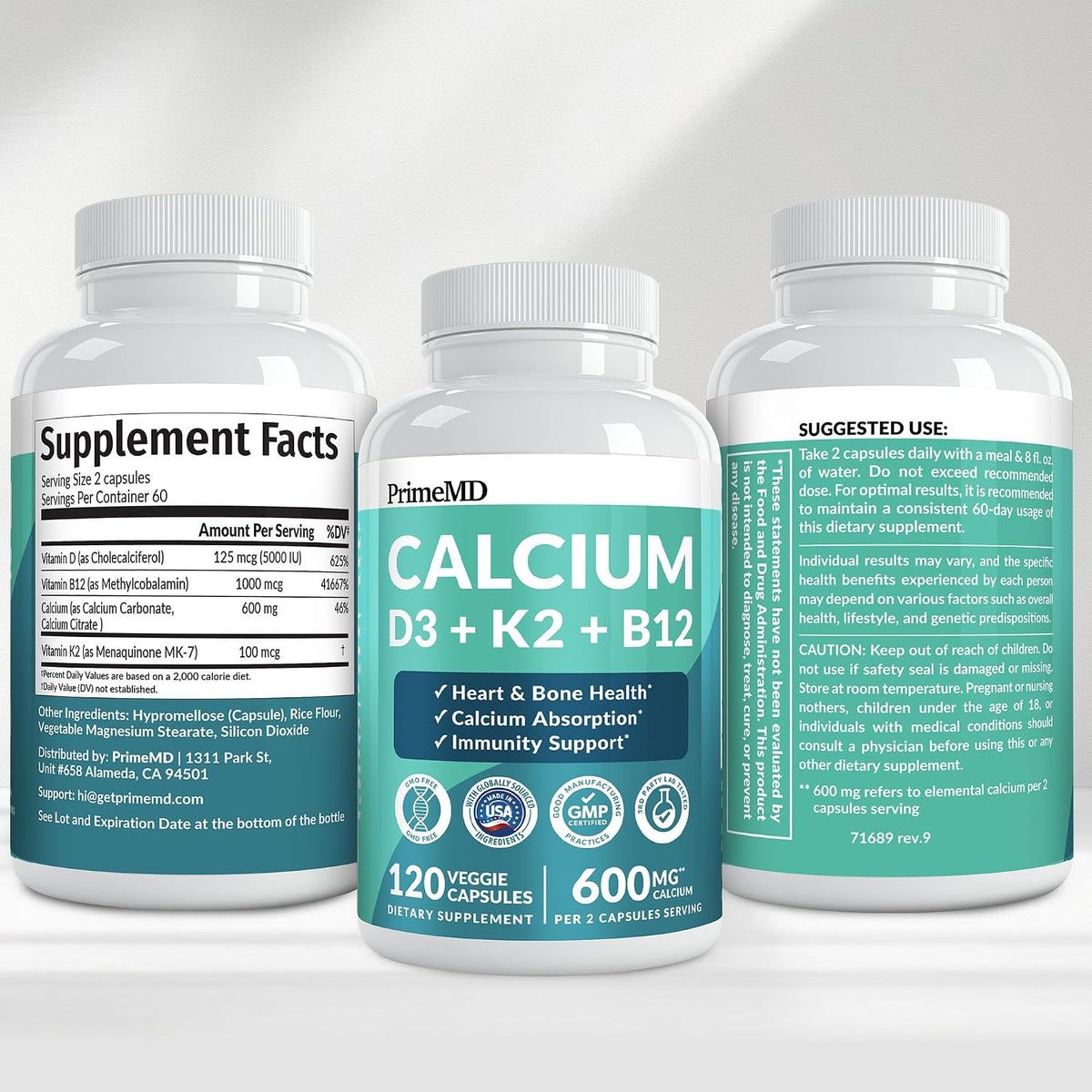 PrimeMD 4-in-1 Calcium D3 K2 B12 – Focus-Supporting Office Desk Supplement, Vegan 120ct
