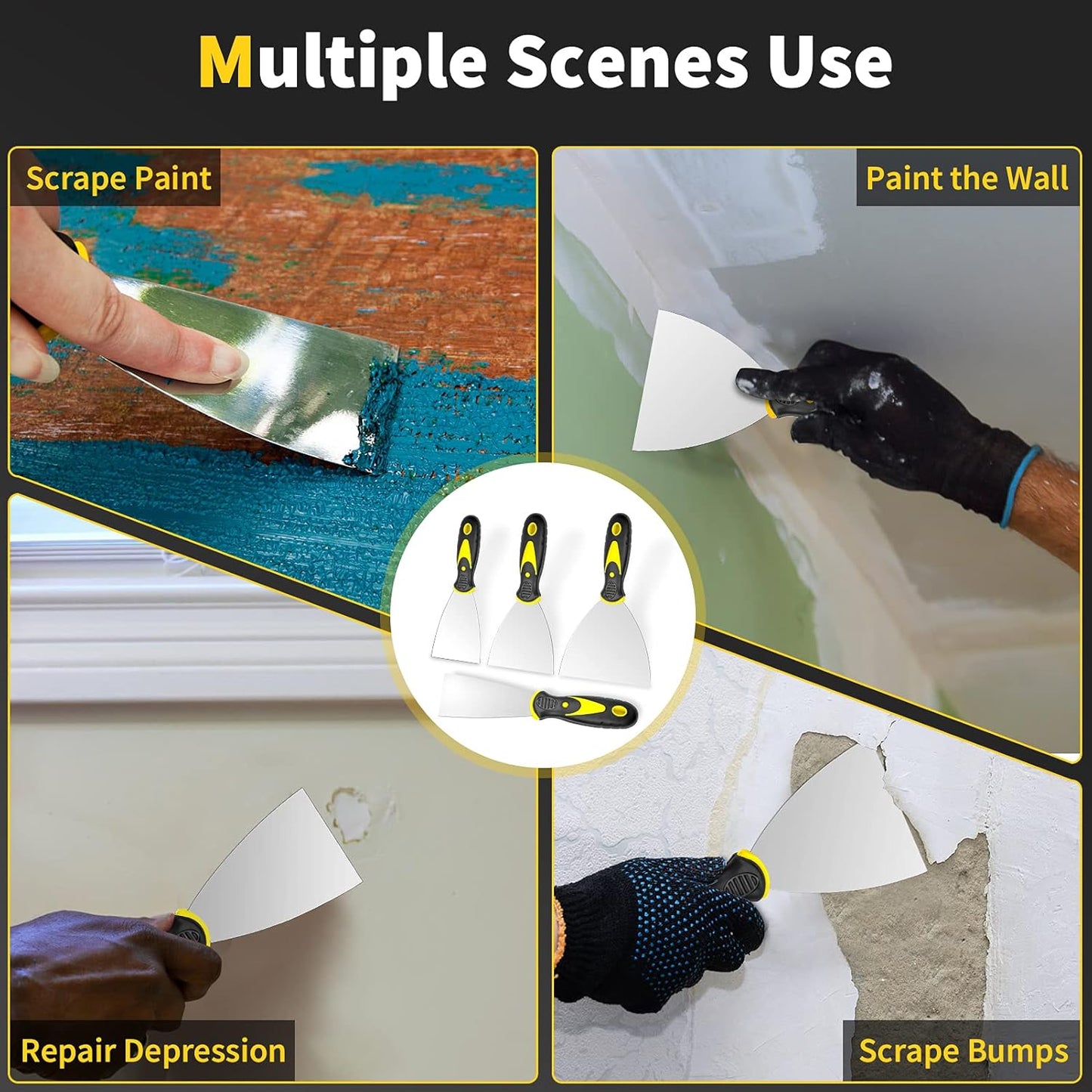 Putty Knife Set 4-Piece – Interior Wall Repair Kit for Bedroom and Living Room Makeover Projects