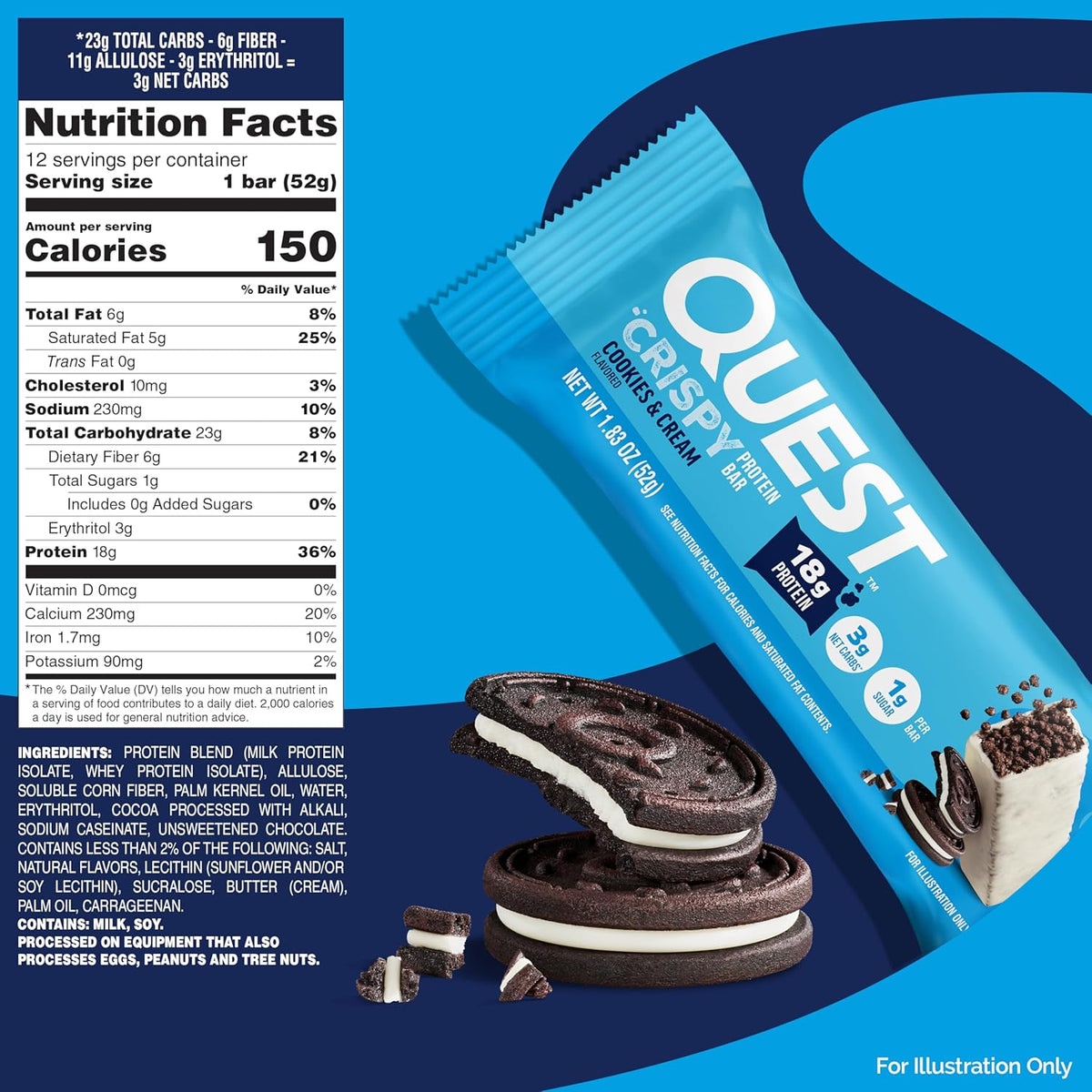 Quest Nutrition Hero Cookies & Cream Protein Bar – Mindful Snacking Staple for Bath Night and Journaling Breaks, 3g Net Carbs