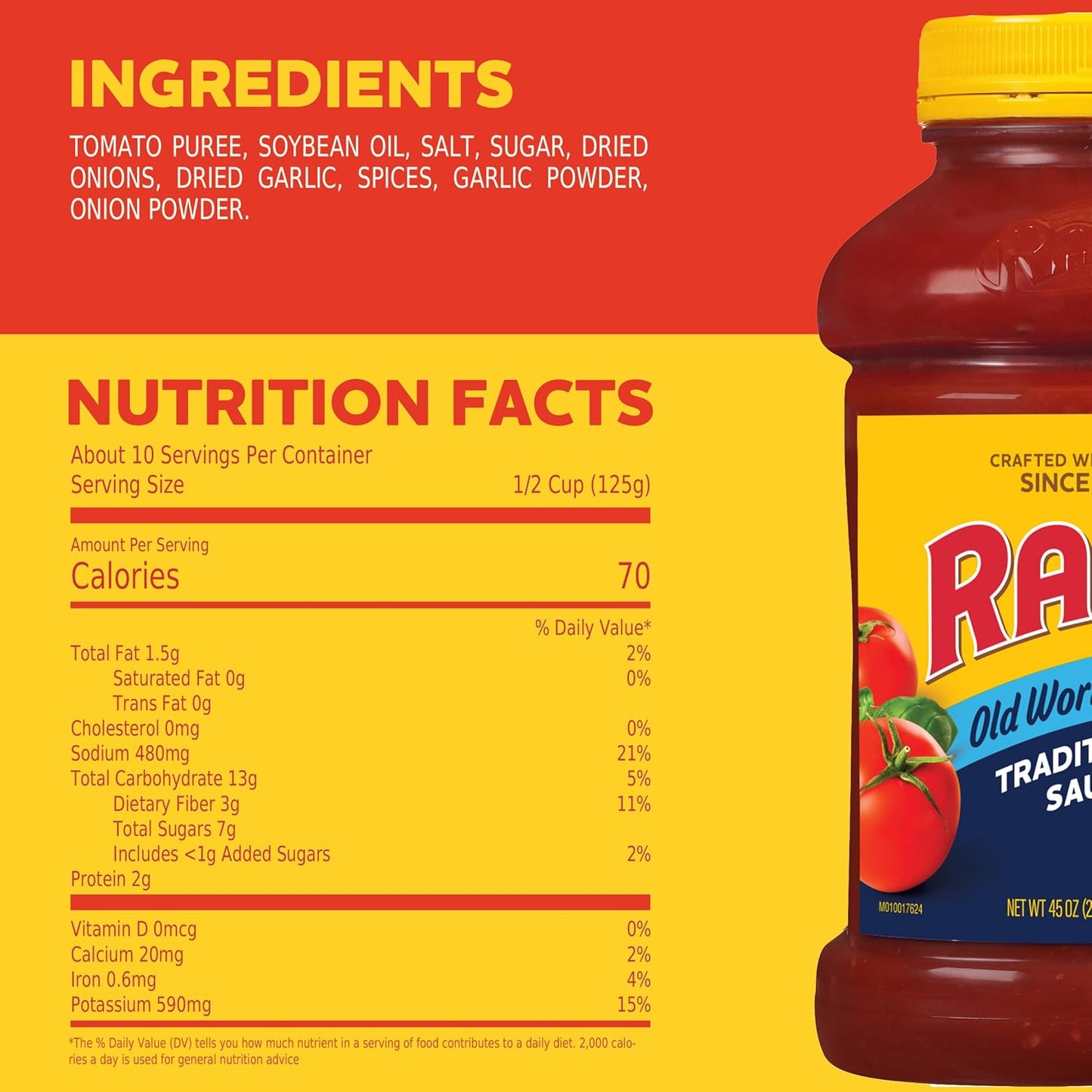 Ragu Old World Style Traditional Sauce, Made with Olive Oil, Quick Weeknight Sauce for Efficient Meal Prep, 45 oz