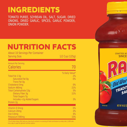 Ragu Old World Style Traditional Sauce, Made with Olive Oil, Quick Weeknight Sauce for Efficient Meal Prep, 45 oz