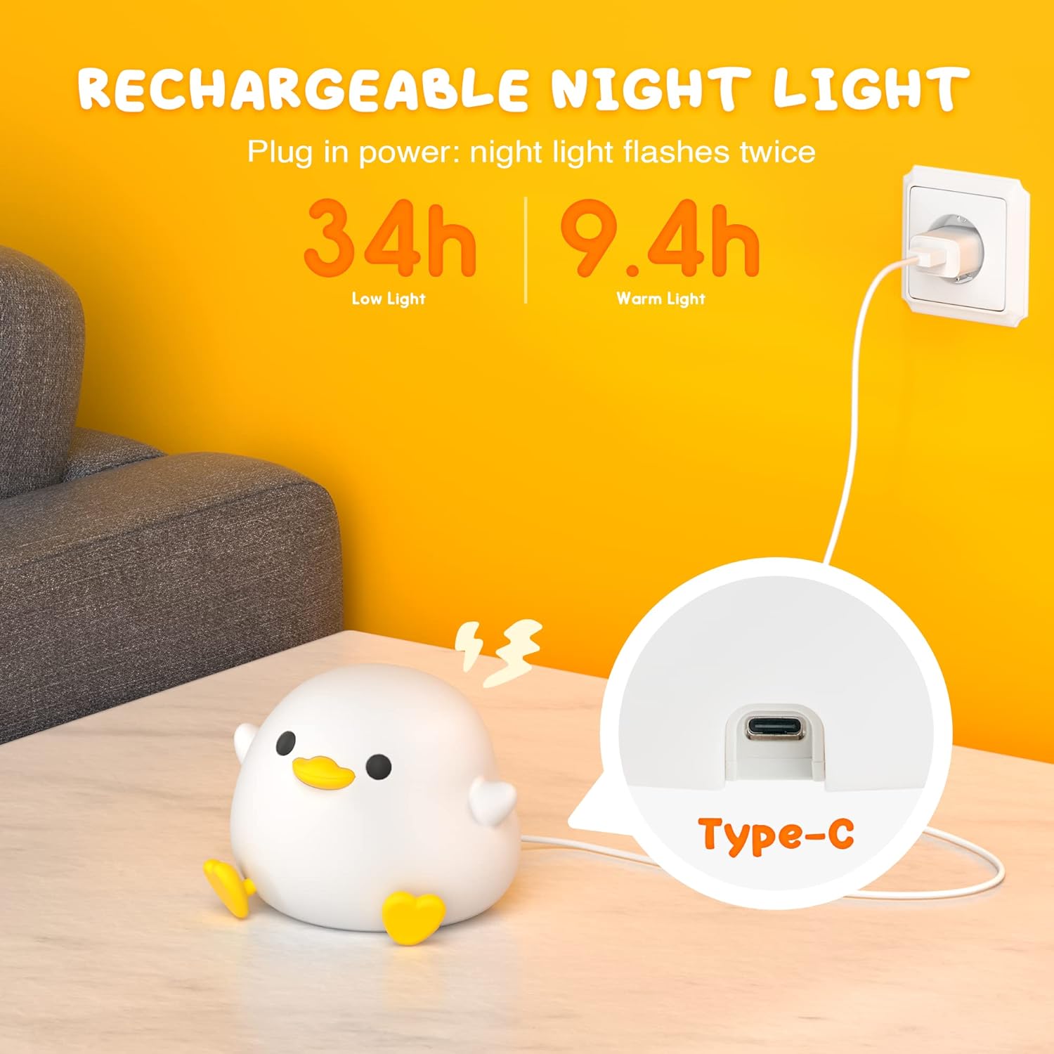 rechargeable battery delivering 9.5 to 34 hours per charge depending on brightness