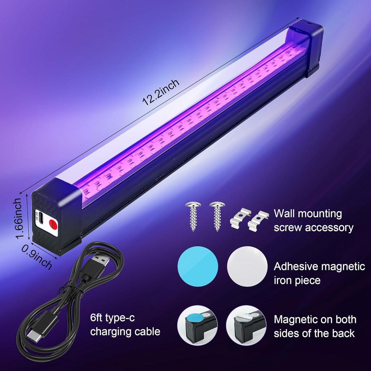 Rechargeable UV Black Light Bar 1ft, Cordless Glow Accent Lighting for Bedroom Aesthetic and Dorm Room Decor