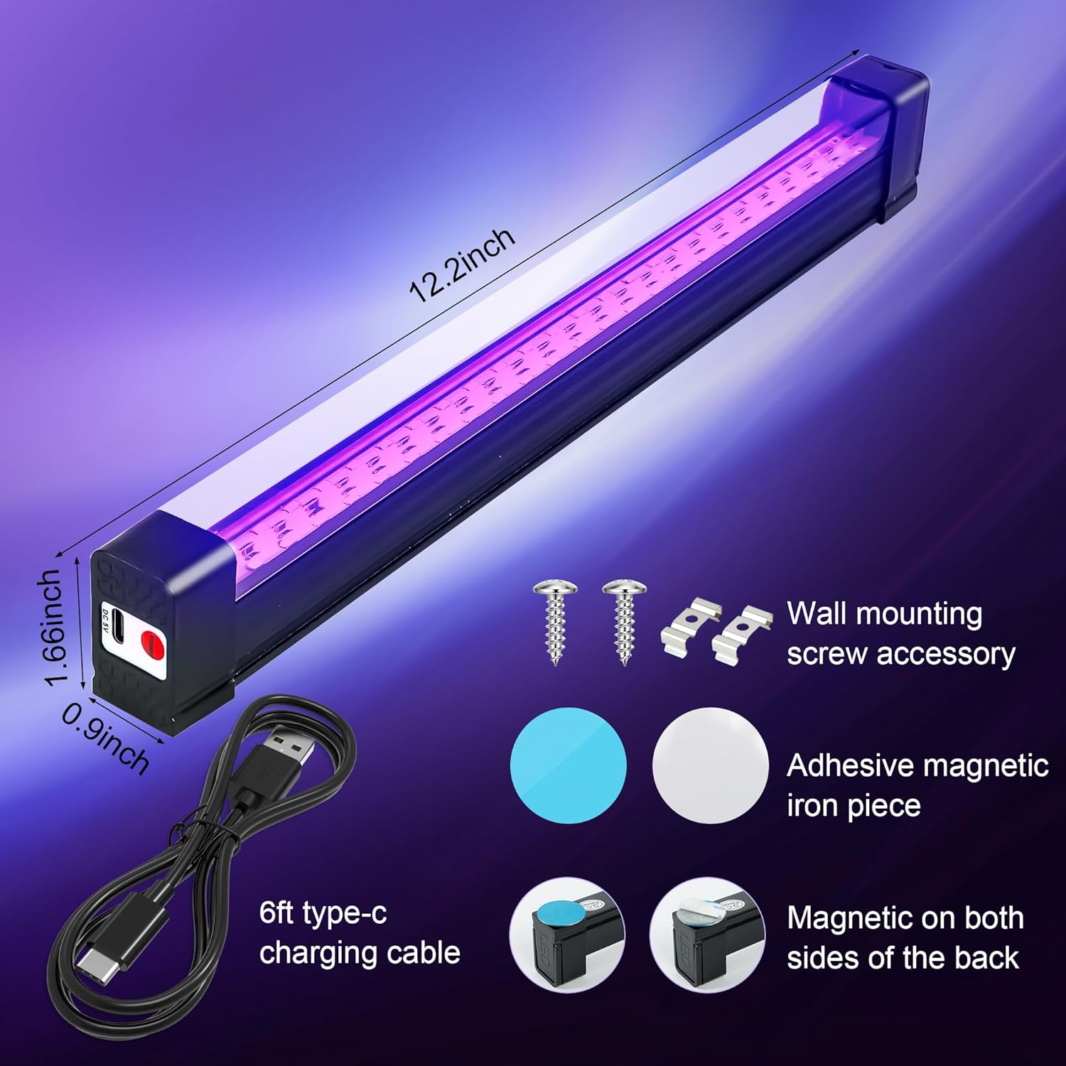 Rechargeable UV Black Light Bar 1ft, Cordless Glow Accent Lighting for Bedroom Aesthetic and Dorm Room Decor