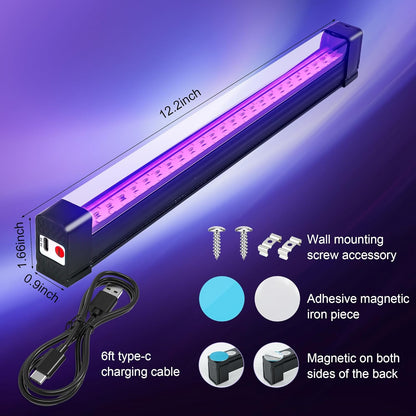 Rechargeable UV Black Light Bar 1ft, Cordless Glow Accent Lighting for Bedroom Aesthetic and Dorm Room Decor