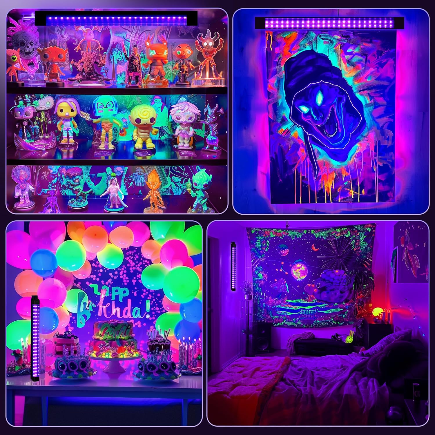 Rechargeable UV Black Light Bar 1ft, Cordless Glow Accent Lighting for Bedroom Aesthetic and Dorm Room Decor