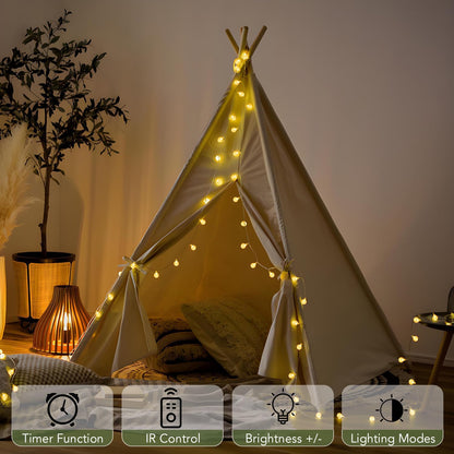 remote control with 8 lighting modes (combination, wave, sequential, slow glow, chasing, slow fade, twinkle, steady on) and 10 brightness levels