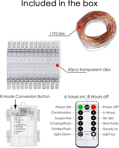 remote control with 8 lighting modes including steady on, twinkle, slow fade, and chasing flash