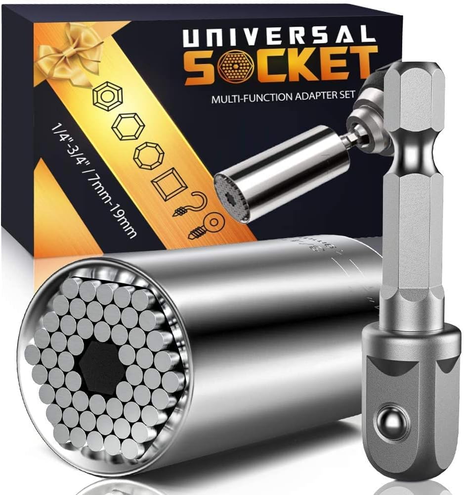 self-adjusting universal socket spanning 1/4" to 3/4" (standard) and 7mm to 19mm (metric)