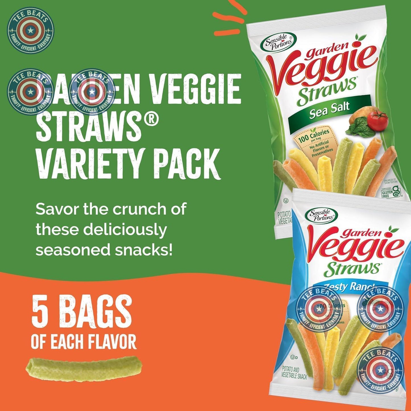 Sensible Portions Veggie Straws – Backpack Snack for Children, 10 Single-Serve Bags of Sea Salt and Zesty Ranch