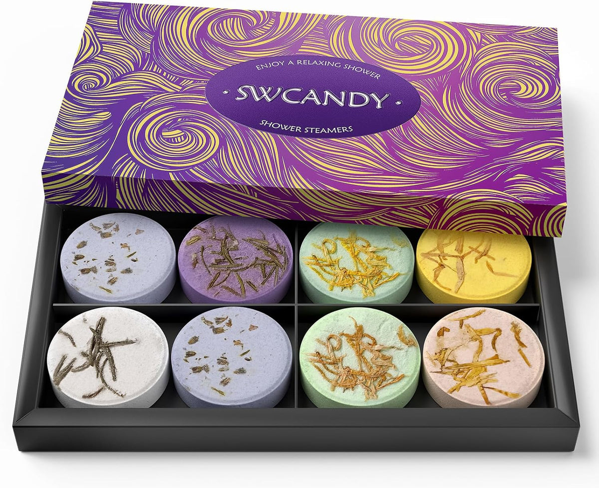 set of 8 shower steamer tablets in assorted scents (lavender, rosemary, mint/eucalyptus, lemon/mint, mint/lavender, coconut/mint, eucalyptus/sandalwood, orange)