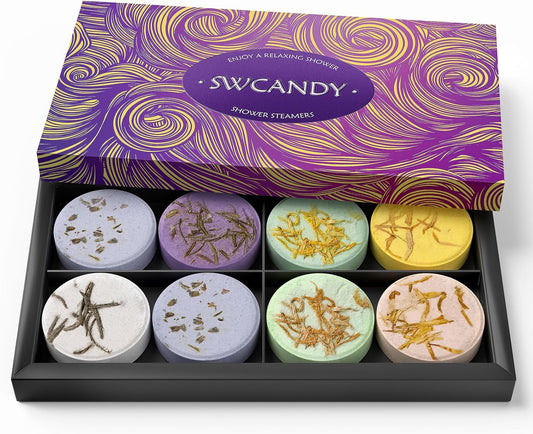 set of 8 shower steamer tablets in assorted scents (lavender, rosemary, mint/eucalyptus, lemon/mint, mint/lavender, coconut/mint, eucalyptus/sandalwood, orange)