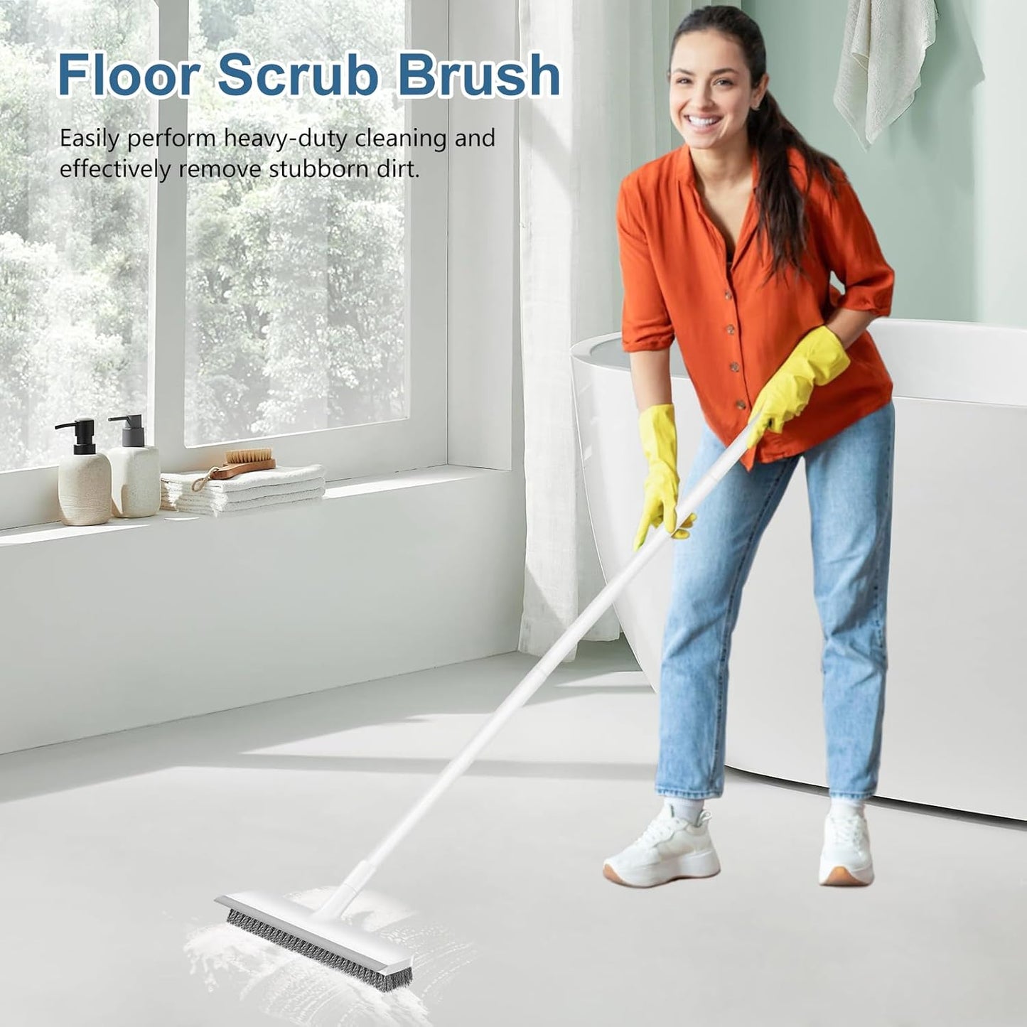 SetSail Floor Scrub Brush with 48 Inch Adjustable Handle, Heavy Duty Scrub Brush for Shower Tile Bathroom Kitchen Grout Cleaning