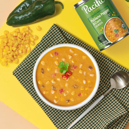 shelf-stable canned format as part of a broader pacific foods organic soup line including chicken tortellini