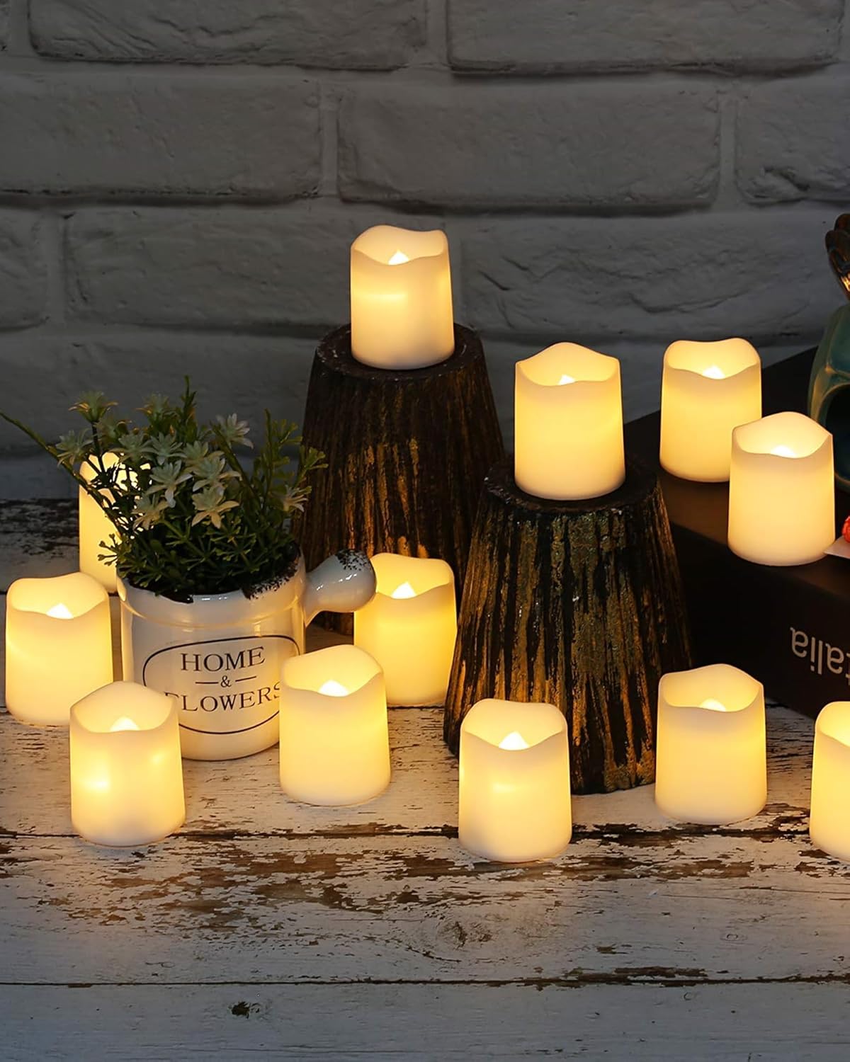 SHYMERY Flameless Votive Candles 24 Pack Flickering LED Tea Lights for Wedding Centerpieces and Reception Tables Battery Operated