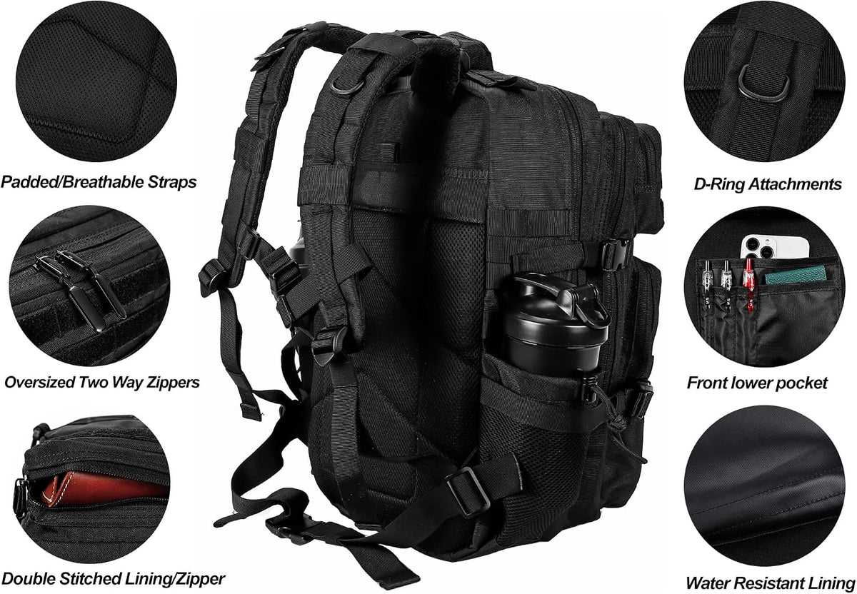 side and front load compression system plus a 750ml water bottle holder and hydration bladder compartment