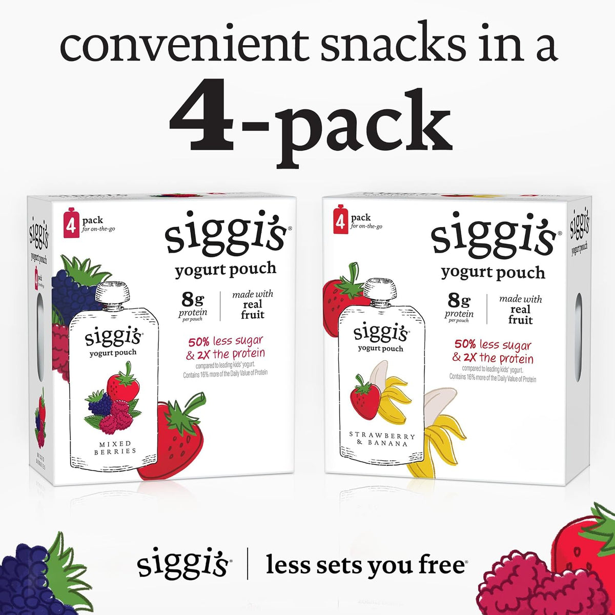 siggi's Berry Reduced Fat Yogurt Pouches – No-Mess Snack for Stroller and Car Rides