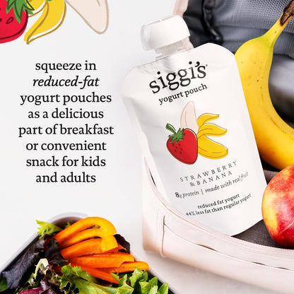 siggi's Strawberry Banana Reduced Fat Yogurt Pouches – Durable Travel Snack for Camping and Road Trips, 3.5 oz, 4 ct